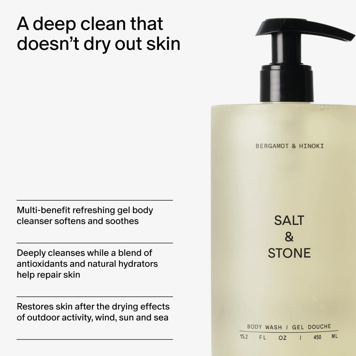 Salt & Stone Body Wash with Antioxidants for Deep Moisture | For Women & Men, Sulfate, Paraben, & Dye Free, Leaving Skin Soft and Hydrated | Bergamot & Hinoki 15.2 fl oz