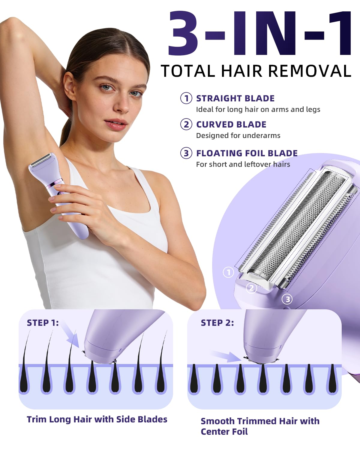 Ufree Bikini Trimmer Electric Razors for Women, Rechargeable Pubic Body Hair Trimmer Electric Shaver for Legs Body Hair, Bikini Shaver IPX7 Waterproof, Gifts for Women, Purple