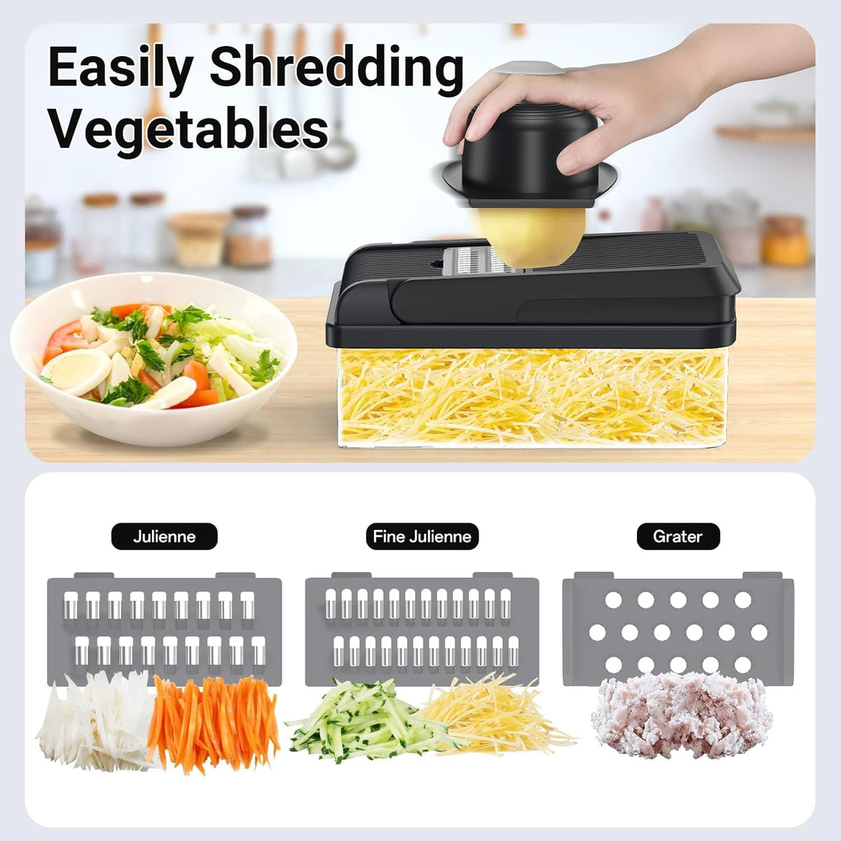 12-in-1 Vegetable Chopper, Kitchen Gadgets with 7 Blades, Veggie, Food, Onion Chopper, Cucumber Slicer, Versatile Mandoline, Includes Egg Separator & Finger Guard, Gray