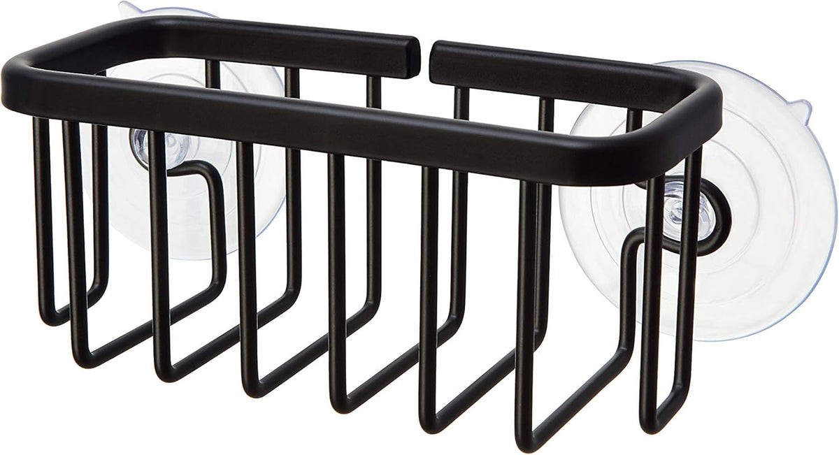 SunnyPoint NeverRust Kitchen & Bathroom Sink Caddy for Sponges, Scrubbers, Soap, 6" x 2.5" x 2.65", with Adhesive Mount - Additional Suction Cup Included –Aluminum (Black)