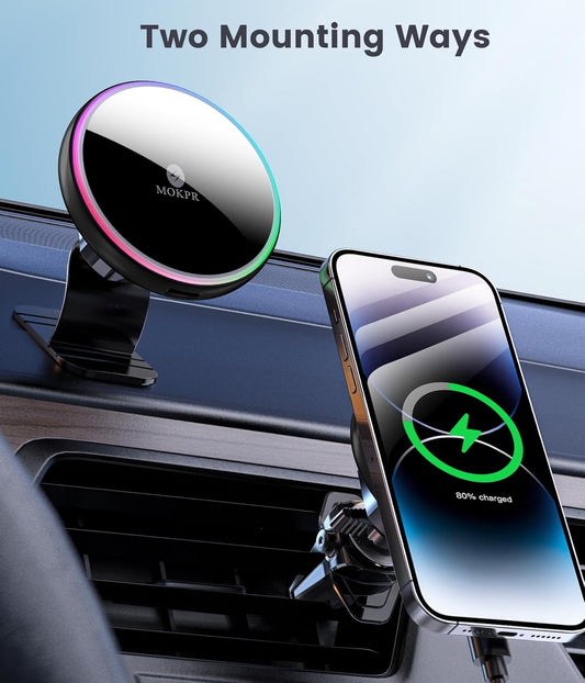MOKPR for Magsafe Car Mount Charger-15W Wireless Car Charger-Magnetic Car Phone Holder for Dash Air Vent-LED RGB HandsFree Car Mount Fast Car Charger for iPhone 14/13/12 Series