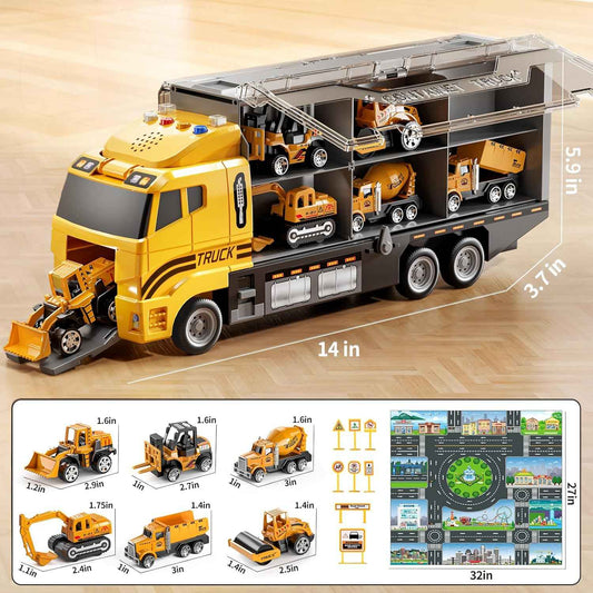 NIPLOOOW Toddler Boys Construction Truck Vehicle Toy Set with Play Mat and Die-Cast Toy Car, Transport Carrier Truck for Kids 3-5, Birthday Gifts Toys for 3-8 Year Old Boys