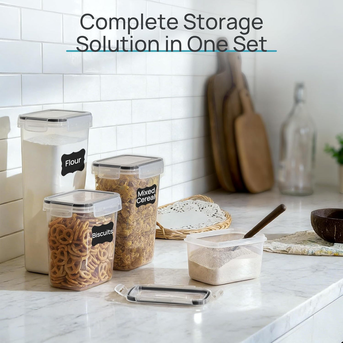 Airtight Food Storage Containers with Lids, Vtopmart 24 pcs Plastic Kitchen and Pantry Organization Canisters for Cereal, Dry Food, Flour and Sugar, BPA Free, Includes 24 Labels,Black