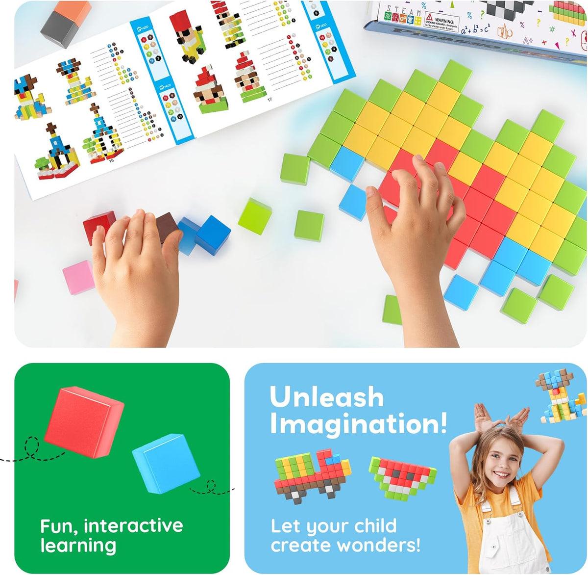 PicassoTiles 108pcs 1” Magnetic Puzzle Cubes Magnet Toys Preschool Construction Building Block Set Sensory Toy Early Education STEM Learning Come with Ideabook for Children Age 3+ Boy Girl PMC108