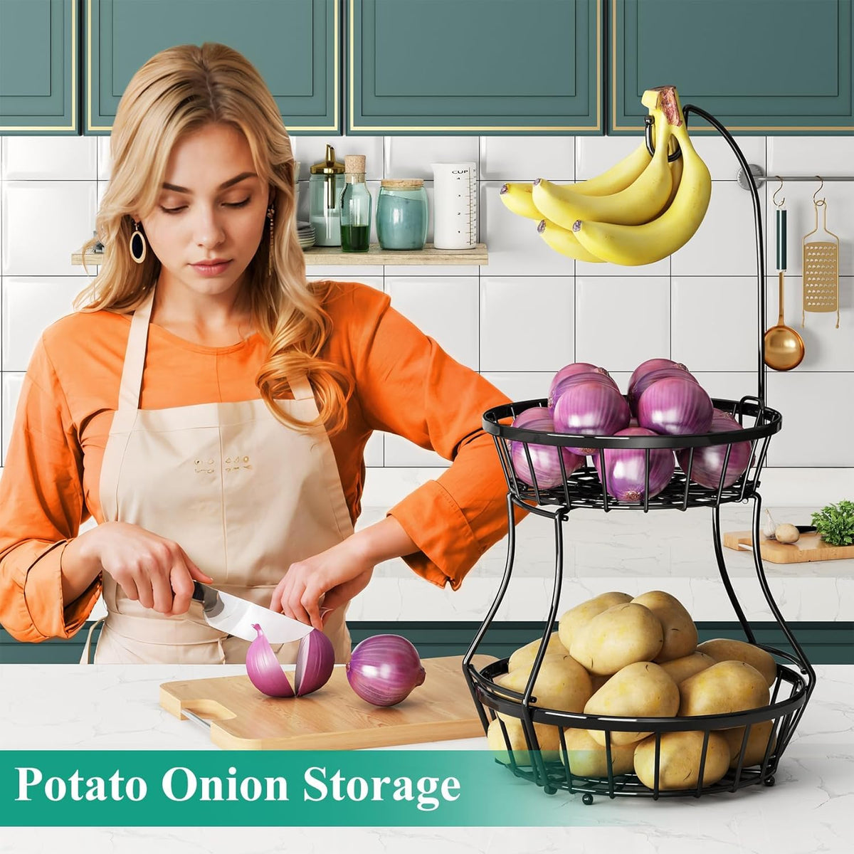 2-Tier Fruit Basket Bowl Stackable Vegetable Storage with Banana Tree Hanger Stand for Kitchen Countertop, Metal Wire Basket for Bread Onions Potatoes Black