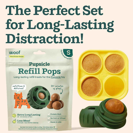 WOOF Starter Pack - Interactive Dog Toys for Boredom - Dog Treat Molds Silicone - Chicken-Flavored Healthy Treats for Dogs - Pupsicle Doggy Enrichment Toy - for Small Pups - 10-25 lbs