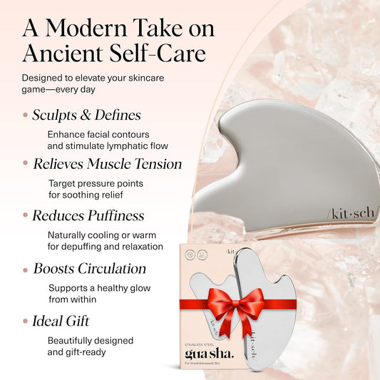 Kitsch Stainless Steel Gua Sha Facial Tools - Guasha Tool for Face, Face Sculpting Tool, Jawline Shaper, Double Chin Reducer, Body Gua Sha Tools, Lymphatic Drainage Massager, Facial Skin Care - Silver