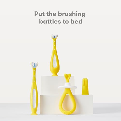 Frida Baby Grow-with-Me Training Toothbrush Set for infants and toddlers 6-18 months, BPA-Free, Soft Silicone Bristles, Yellow