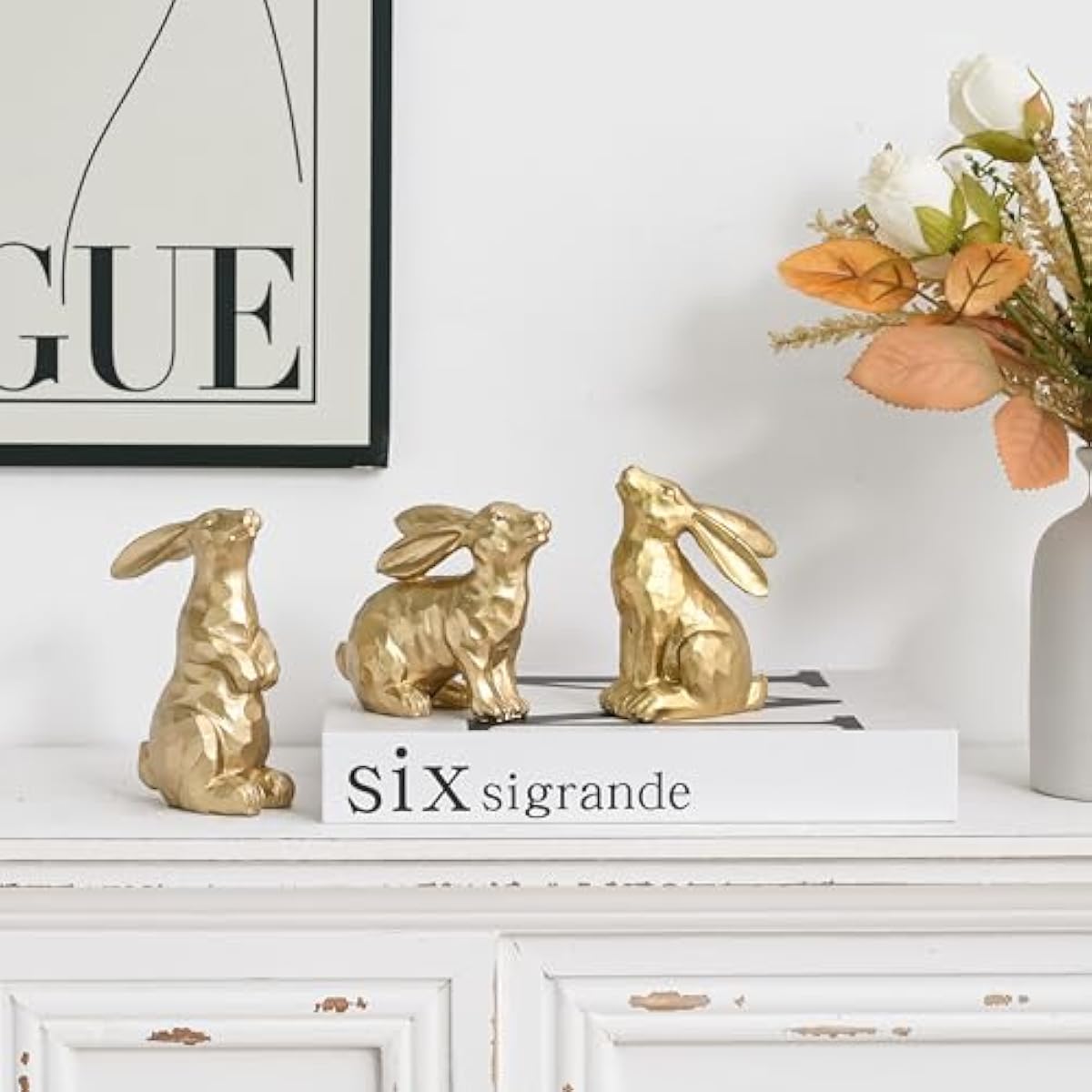 Resin Gold Bunny Decor Rabbit Figurines, Small Easter Bunny Figurine Set of 3, Easter Rabbit Statues for Spring Tabletop Decor