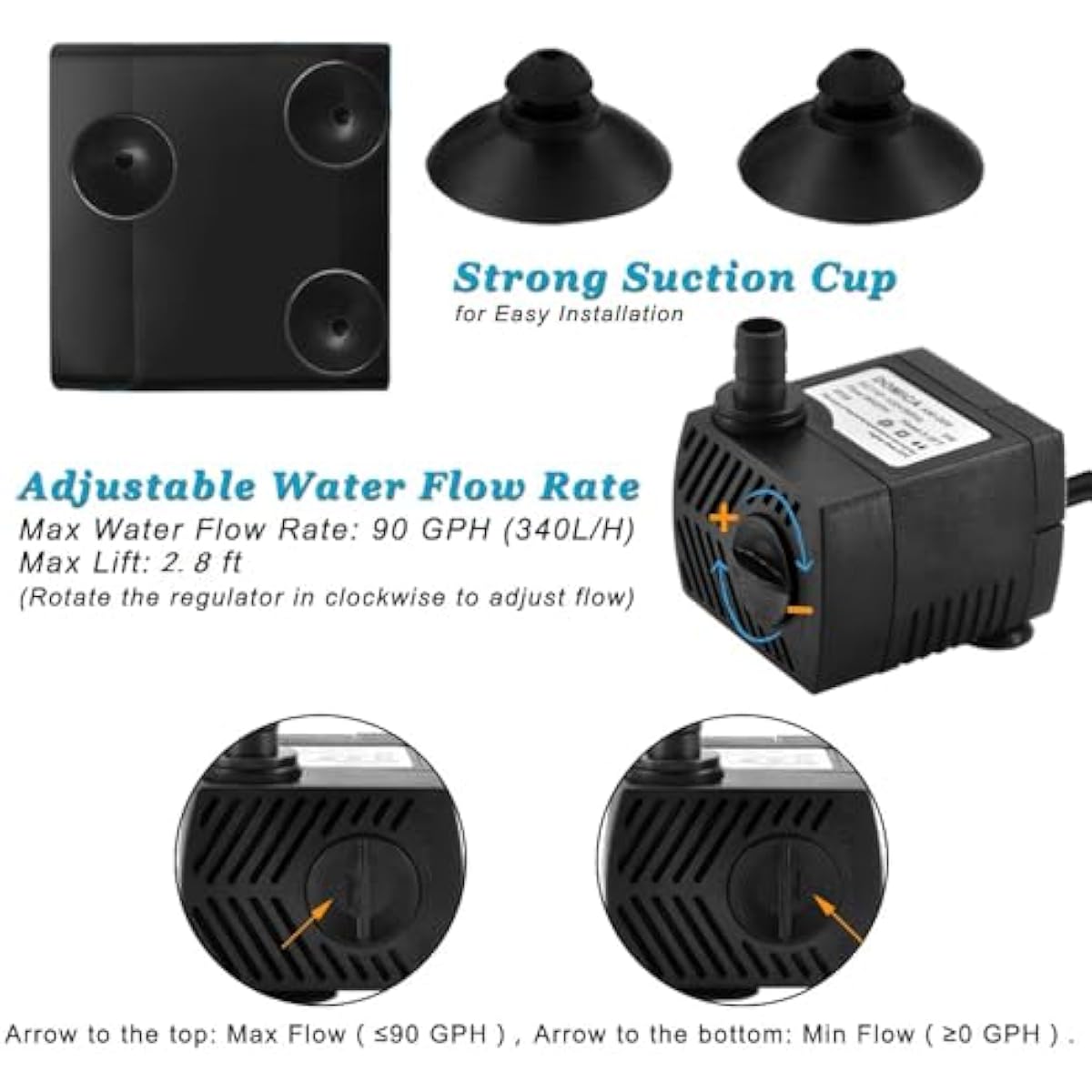 90 GPH Mini Submersible Pump, Small Fountain Pump (5W 350L/H) for water feature, Aquariums, Fish Tank, Tabletop Fountain, Pet Fountain, Indoor or Outdoor Pond Fountain