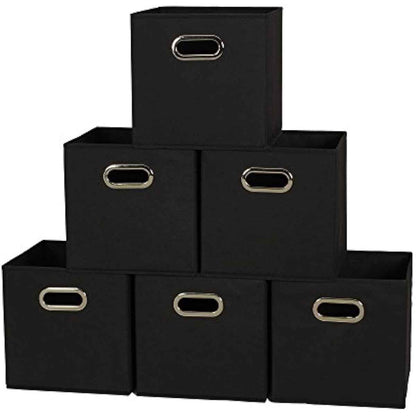 Household Essentials Foldable Fabric Storage Bins 6-Piece Set | Sturdy Chipboard Sides, Grommet Front Handle, Stackable and Foldable, Classic Black Design