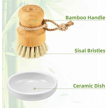 SUBEKYU Bamboo Dish Scrub Brush with Sisal Bristles for Natural Kitchen Cleaning