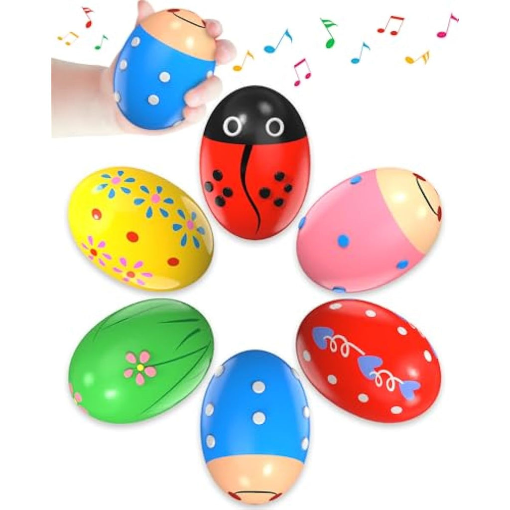 Wooden percussion shakers, 6-pack, prefilled Easter eggs with toys inside, Montessori toys for kids
