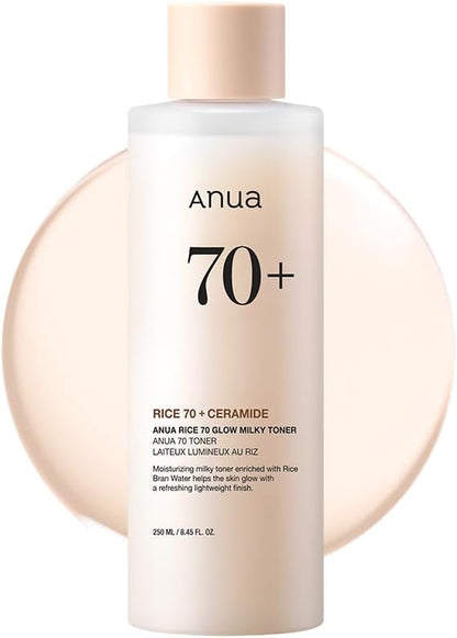 anua rice 70 glow milky toner for glass skin, fragrance-free, non-comedogenic, 250ml/8.45fl.oz
