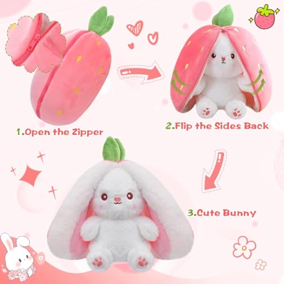 MIAODAM Bunny Stuffed Animal Reversible Cuddle Bunny Stuffed,Strawberry Bunny Transformed Rabbit Plush Zipper,Turns Into Ears Bunnies Plushies Toy Cute Stuffy Doll Easter Girlfriend Gift