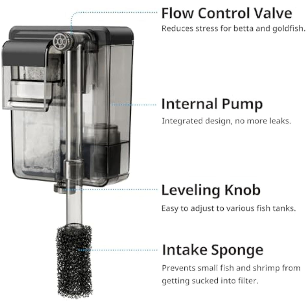 Nicrew Quiet Aquarium HOB Filter for Up to 5 Gallon Aquariums, Adjustable Flow, 42 GPH, 3W