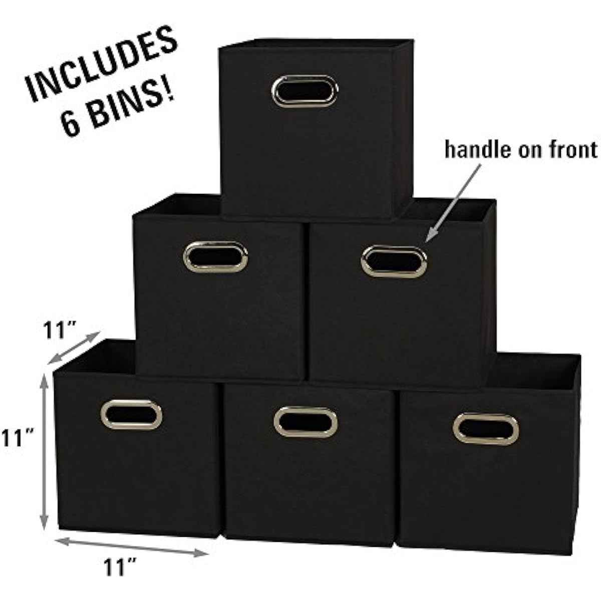 Household Essentials Foldable Fabric Storage Bins 6 Piece Set, Strong Poly-Woven Fabric, Sturdy Chipboard Sides, Grommet Front Handle, Stackable and Foldable, Classic Design, Black