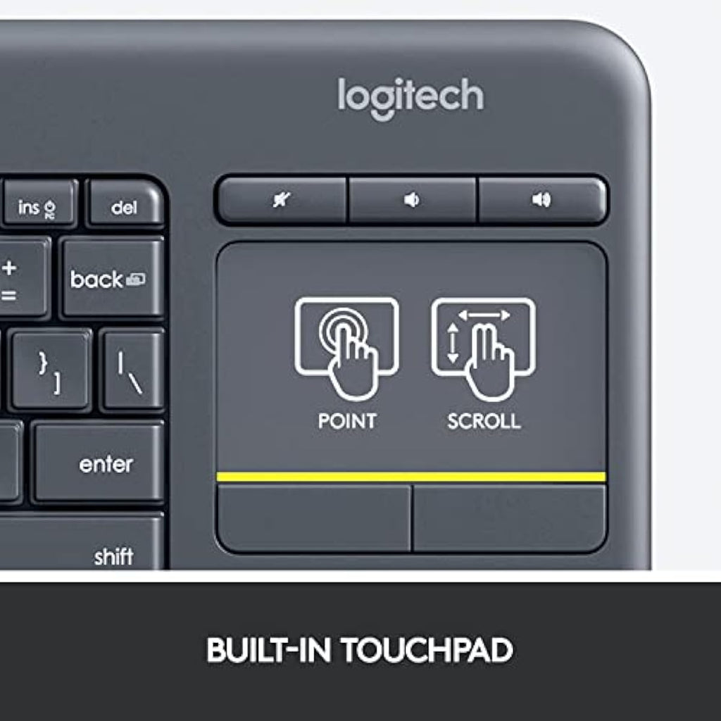 logitech k400 plus wireless touch tv keyboard with easy media control, htpc keyboard for pc-connected tv, android, windows