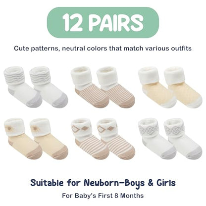 Mother's Choice Organic Cotton Baby Socks 0-6 Months, 12 pairs, Soft, Cozy, and Gentle Socks for Infants Girls and Boys