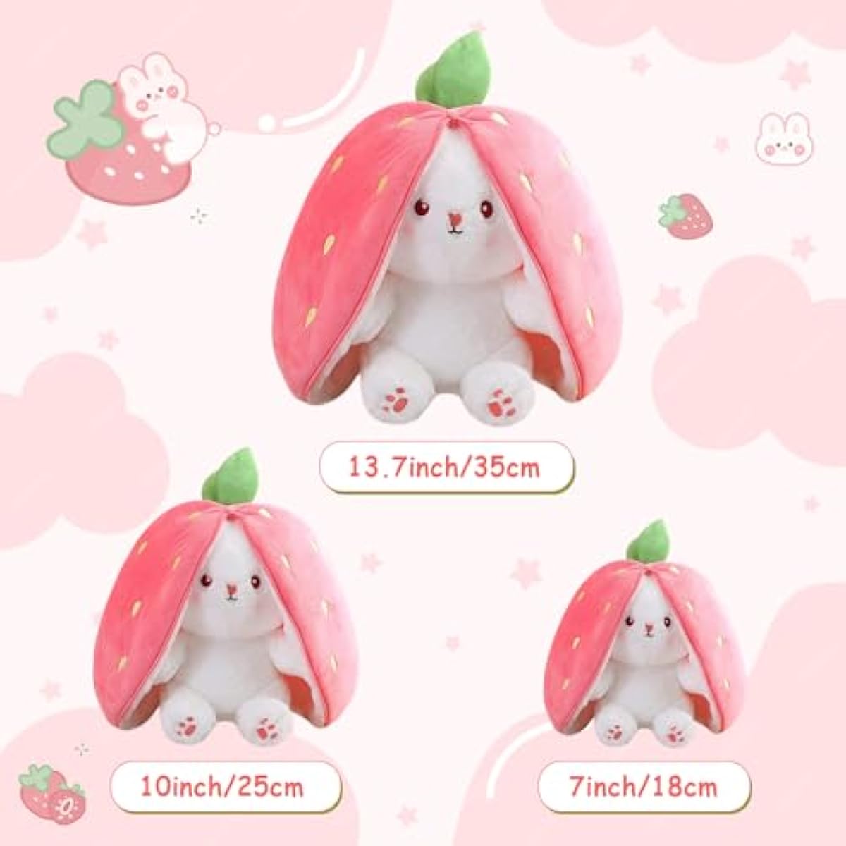 MIAODAM Bunny Stuffed Animal Reversible Cuddle Bunny Stuffed,Strawberry Bunny Transformed Rabbit Plush Zipper,Turns Into Ears Bunnies Plushies Toy Cute Stuffy Doll Easter Girlfriend Gift