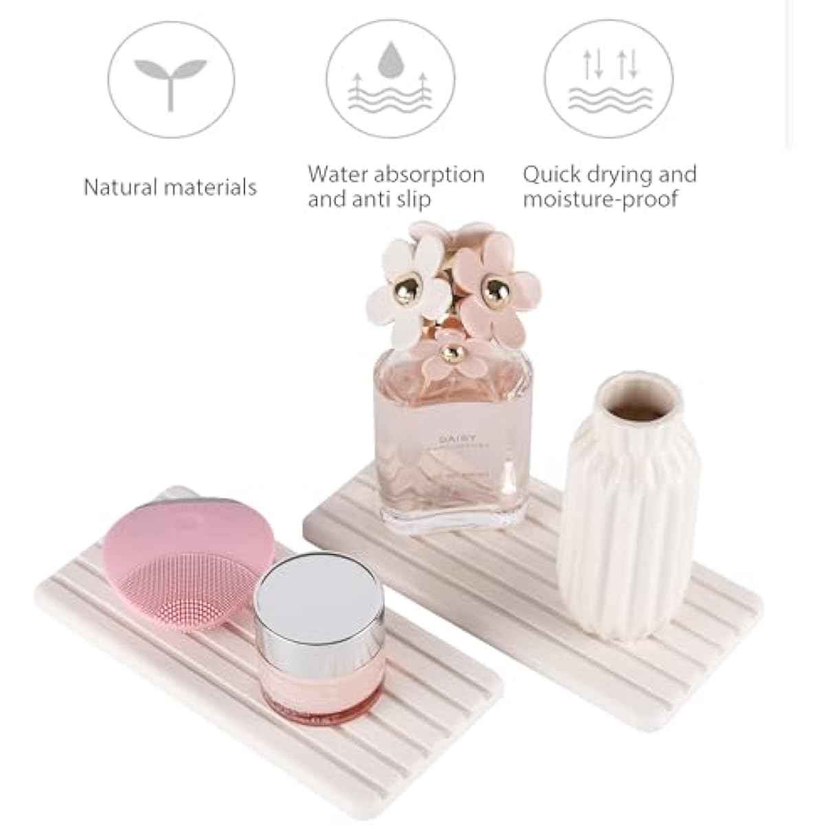 2 PCS Water Absorbent diatomite Coasters, 8.3" x 4" Water Absorbing Stone Tray for Sink, Stone Drying mat for Kitchen Counter, Stone soap Tray Used for Hand Soaps & toiletries & Plants