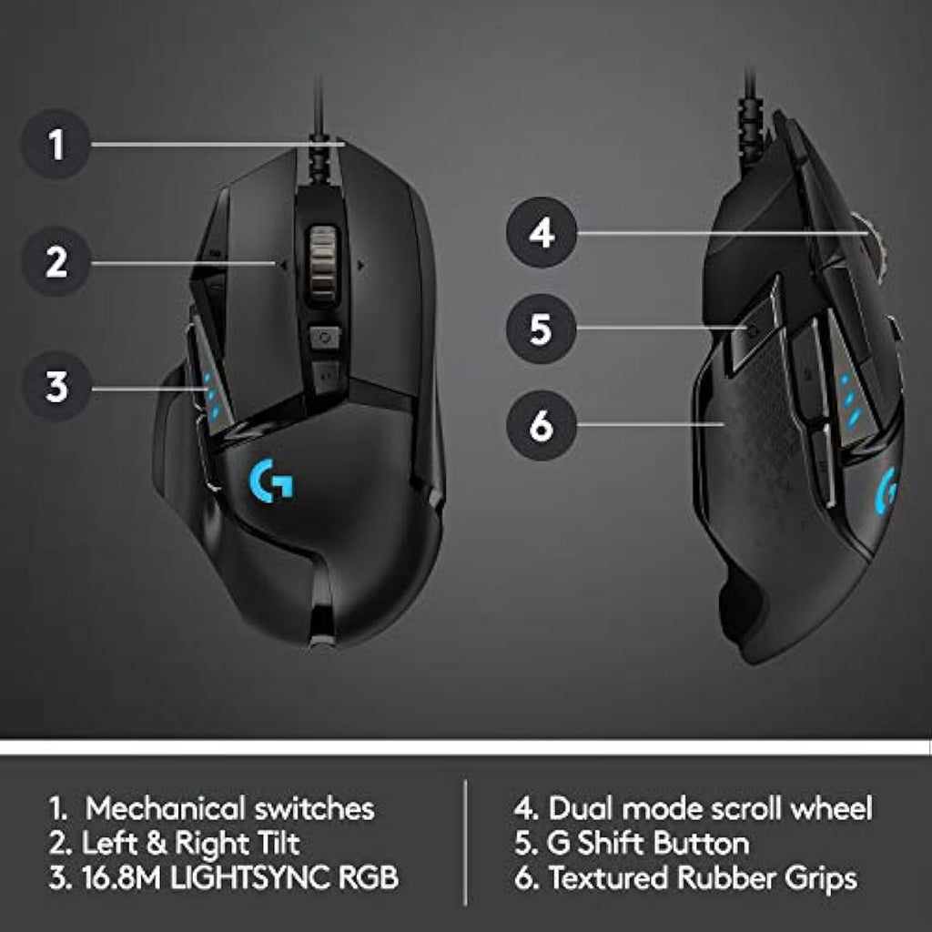 Logitech G502 Hero High Performance Wired Gaming Mouse with Hero 25K Sensor, RGB, Adjustable Weights, 11 Programmable Buttons - Black