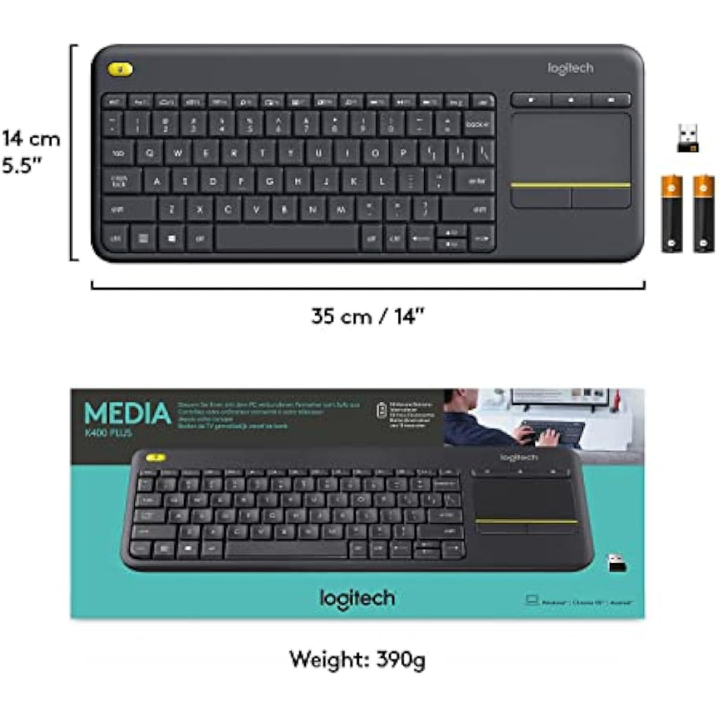 logitech k400 plus wireless touch tv keyboard with easy media control, htpc keyboard for pc-connected tv, android, windows