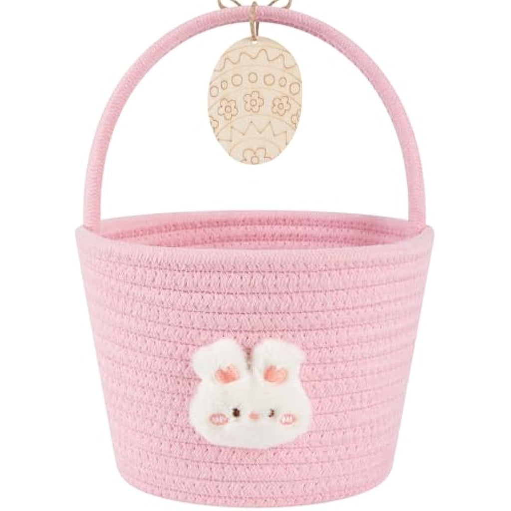 OIAHOMY Easter Basket with Handle, Personalized Bunny Easter Basket for Kids, Woven Rope Gift Empty for Eggs, Baby Treasure Hunt Baskets with Wooden Card for Boys and Girls - Pink