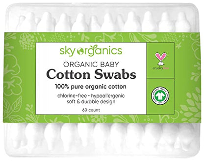 Sky Organics organic baby cotton swabs, 60 count, ultra soft, baby safe tips, strong and durable, hypoallergenic, chlorine free