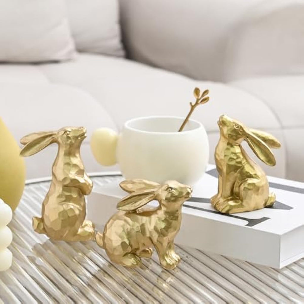 Resin Gold Bunny Decor Rabbit Figurines, Small Easter Bunny Figurine Set of 3, Easter Rabbit Statues for Spring Tabletop Decor