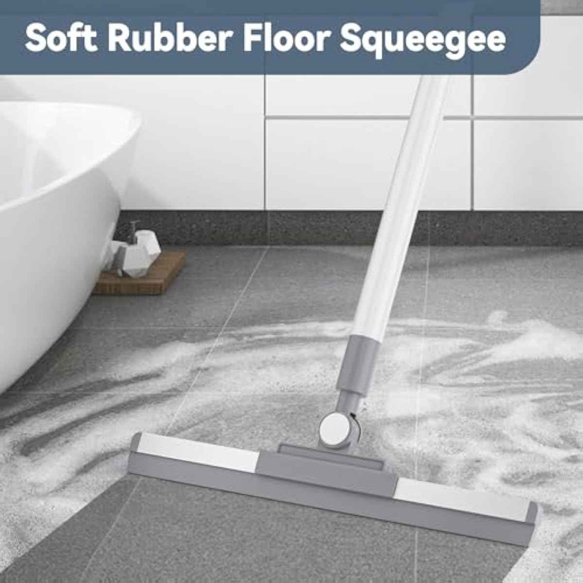Floor Squeegee with 180° Rotating Head, Squeegee for Floor with 52'' Long Handle, Squeegee Broom, Squeegee for Window Cleaning, Bathroom Tile, Garage Concrete, Deck, Shower Glass (White)