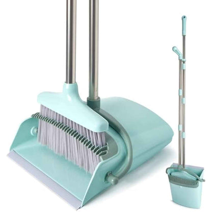 XXXFLOWER Broom and Dustpan Set with Cleaning Teeth, 55" Long Handle Indoor Sweeping Combo for Home Office Kitchen, Bluish Green