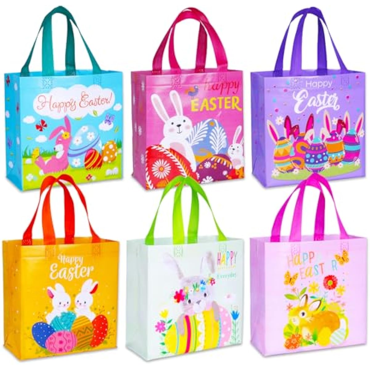 Exun Happy Easter Gift Bags with Handles, Bunny Carrot Chick Designs, Reusable Non-Woven Treat Bags for Party Favors, Gift Wrapping, Easter Basket Container, 9.1×8.7×4.5 inch, 6-Pack