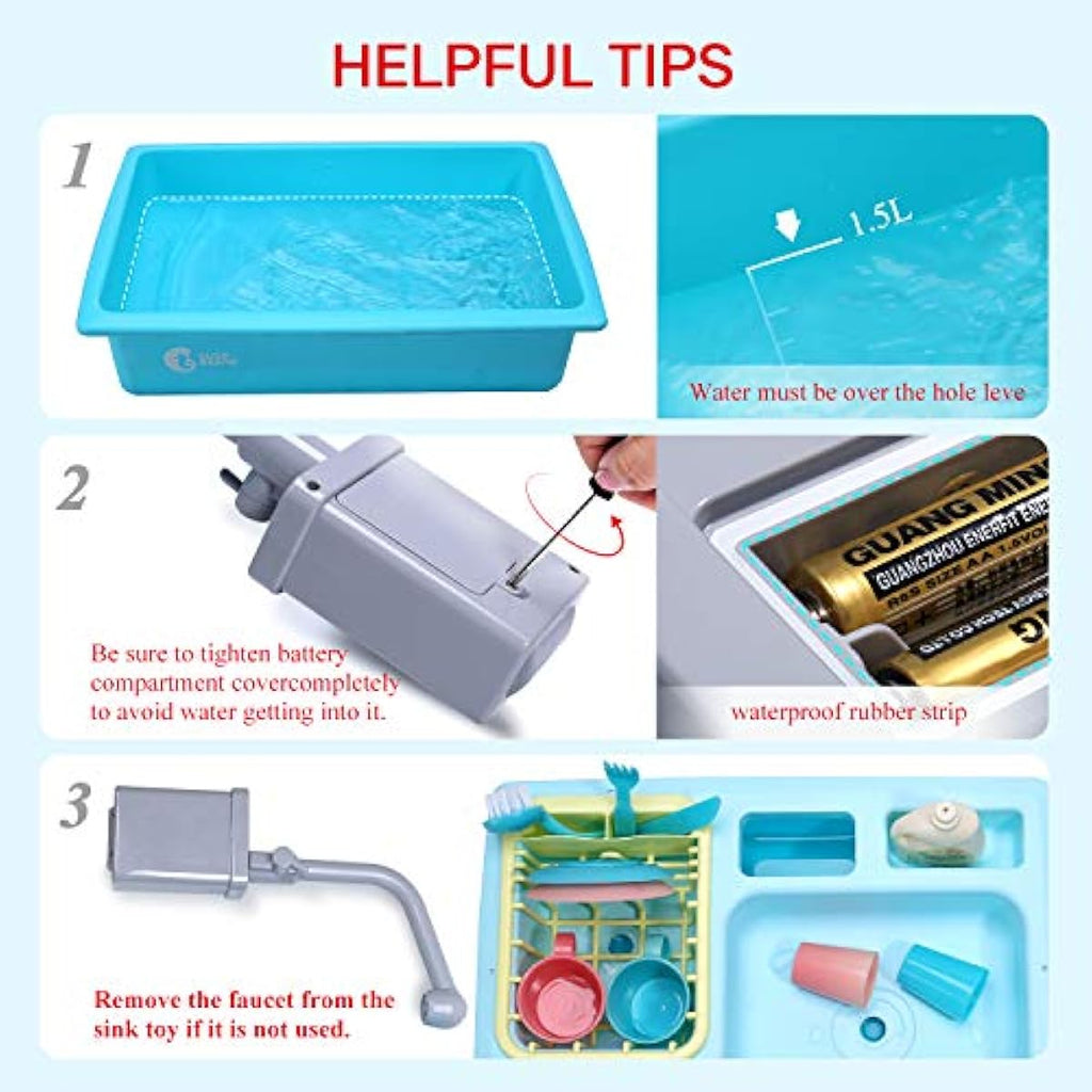 Cute Stone Color Changing Kitchen Sink Toy for Kids, Electric Dishwasher Play Set with Running Water and Faucet