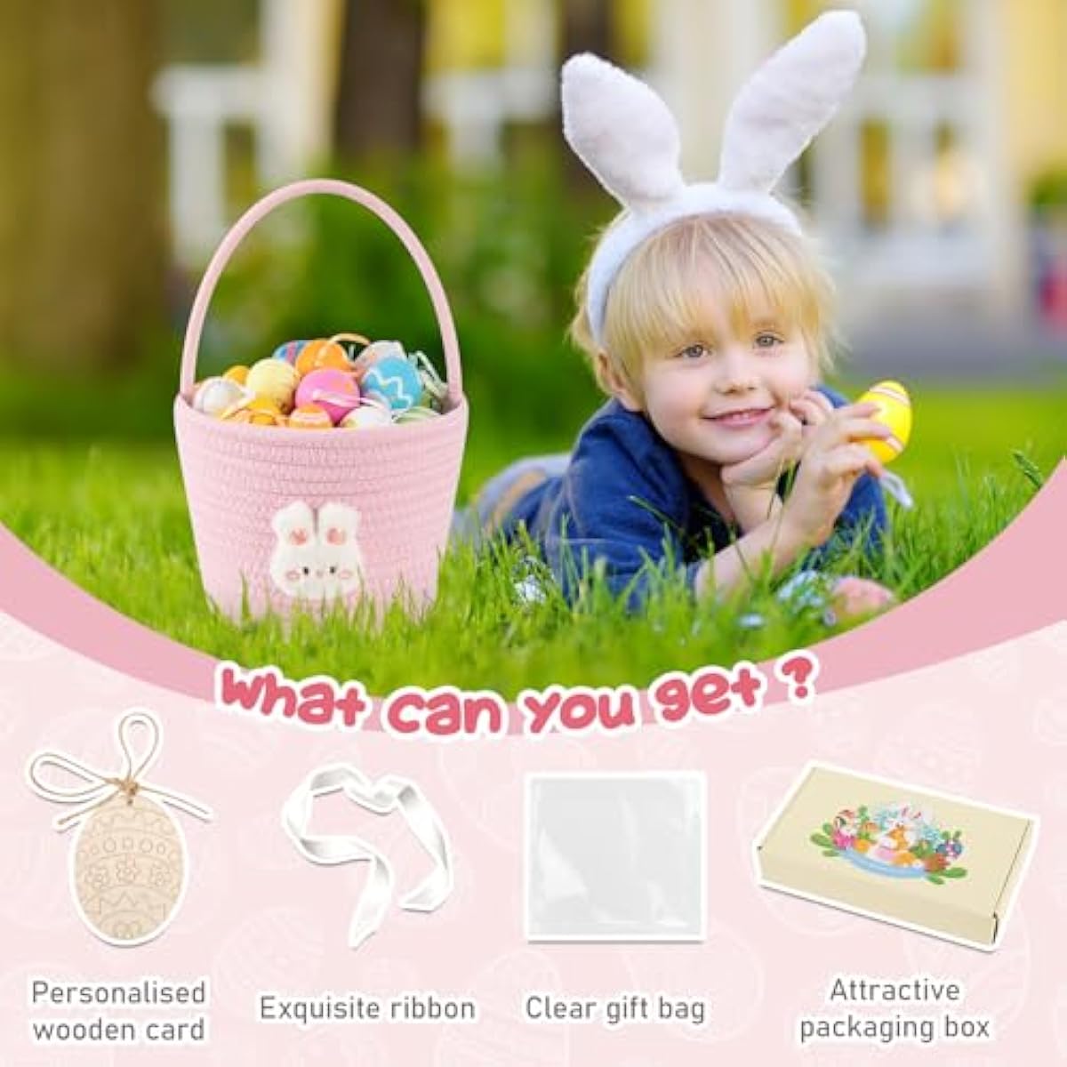 OIAHOMY Easter Basket with Handle, Personalized Bunny Easter Basket for Kids, Woven Rope Gift Empty for Eggs, Baby Treasure Hunt Baskets with Wooden Card for Boys and Girls - Pink