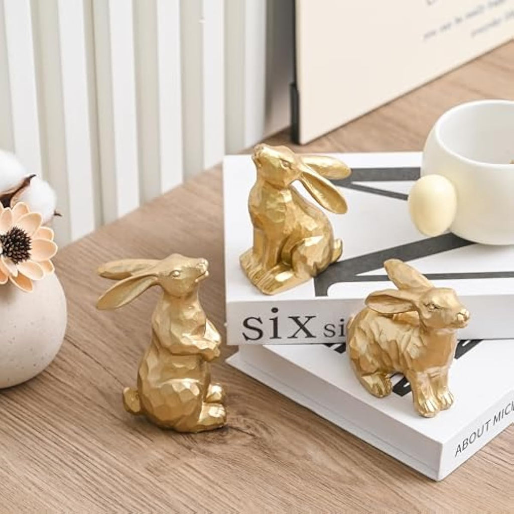 Resin Gold Bunny Decor Rabbit Figurines, Small Easter Bunny Figurine Set of 3, Easter Rabbit Statues for Spring Tabletop Decor