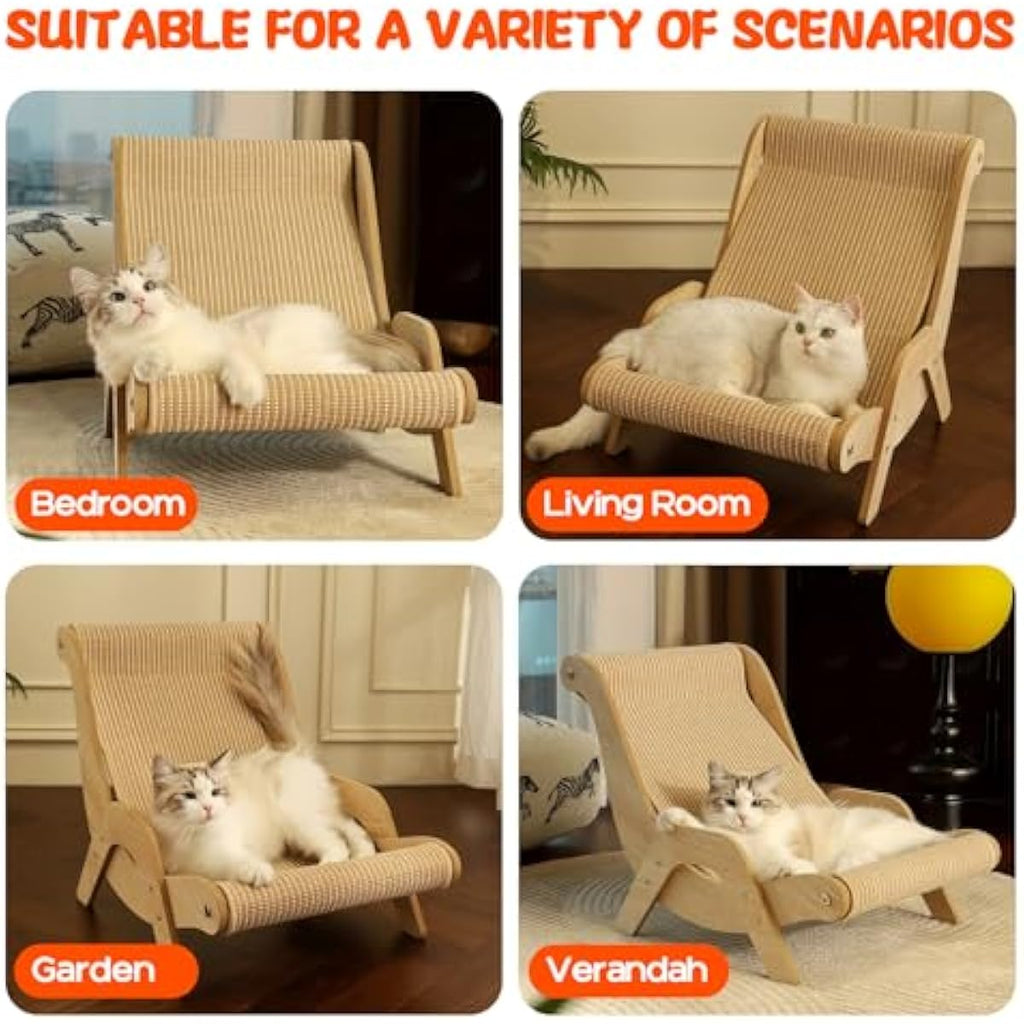Cat Hammock Chair with A Scratch Pad, Beach Style Lounger for Large Cats, Elevated Cat Beds for Indoor, Pet Rattan Chair