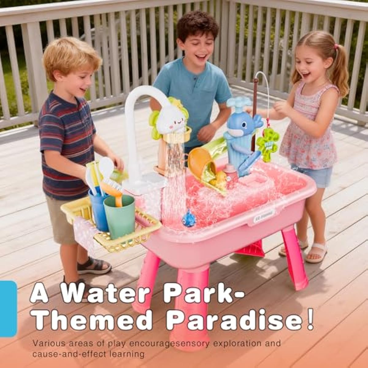 2026 Upgraded Water Table for Toddlers 3+, Water Table for Kids Ages 4-8 with Pump, Play Sink with Running Water, Kitchen Sink for Toddlers, Fishing Game and Outside Sensory Toys (Pink)