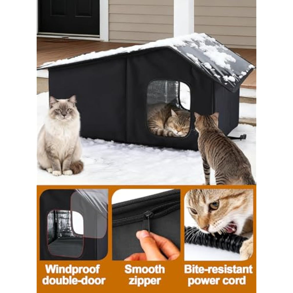 Black weatherproof heated cat house for 2-3 feral cats with thermostatic heating pad and escape door