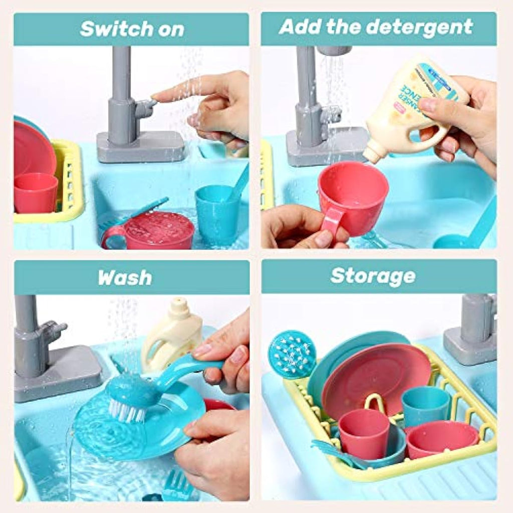 Cute Stone Color Changing Kitchen Sink Toy for Kids, Electric Dishwasher Play Set with Running Water and Faucet