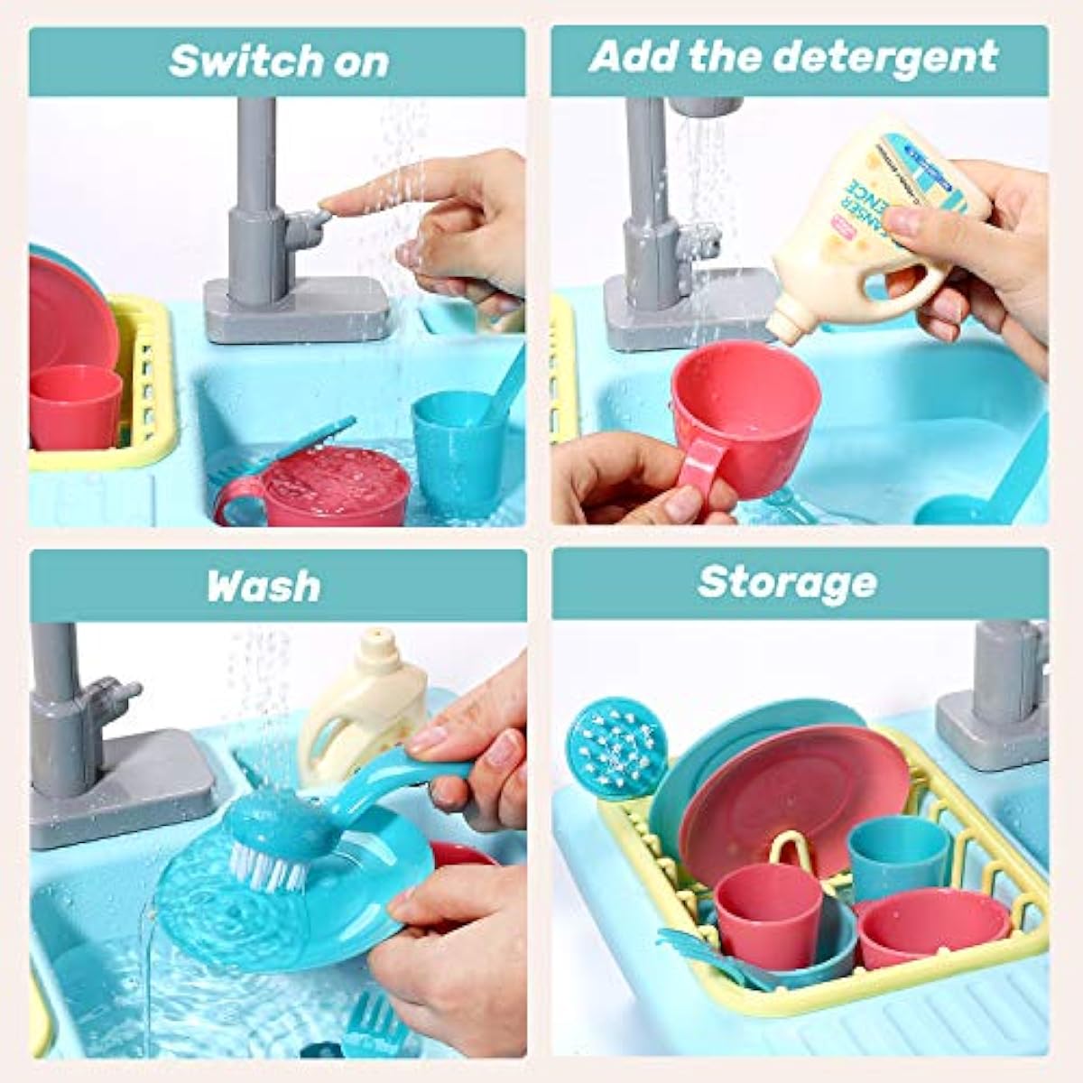 Cute Stone Color Changing Kitchen Sink Toy for Kids, Electric Dishwasher Play Set with Running Water and Faucet