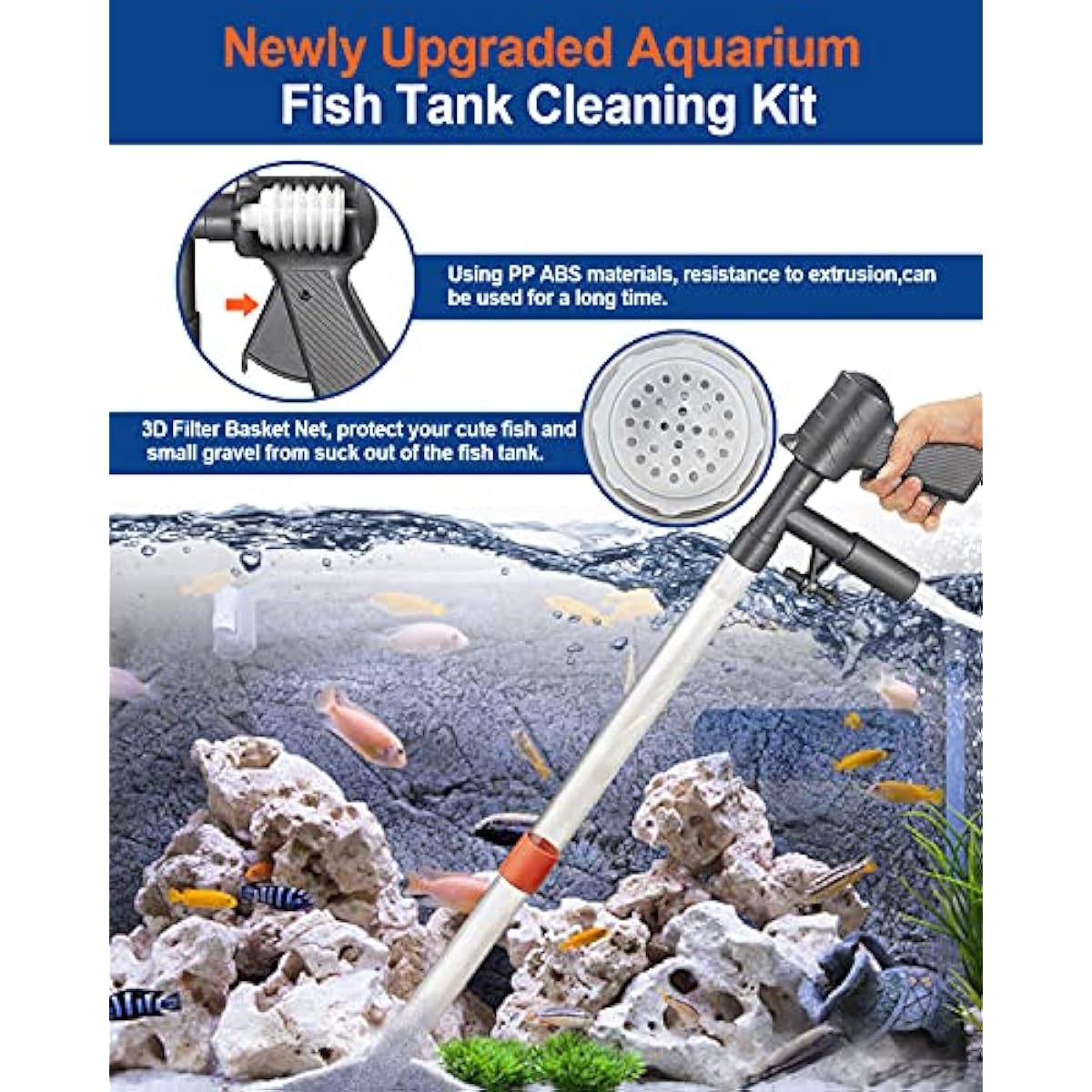 QZQ Aquarium Gravel Cleaner [2026 Edition] Vacuum Fish Tank Vacuum Cleaner Tools for Aquarium Water Changer with Aquarium Thermometers Fish Net kit Use for Fish Tank Cleaning Gravel and Sand