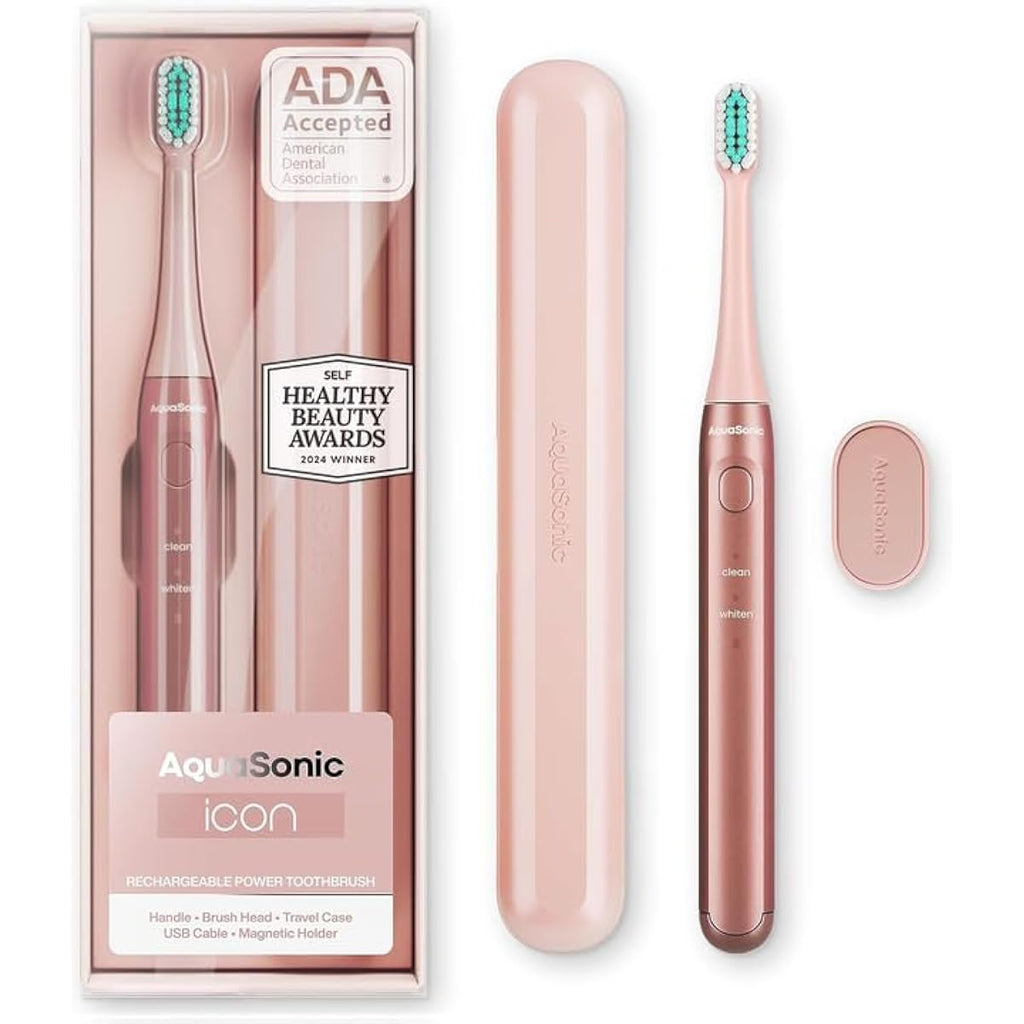 Aquasonic Icon ADA-Accepted Rechargeable Toothbrush with Magnetic Holder & Slim Travel Case | 2 Modes & Smart Timers | Gentle Micro-Vibrations