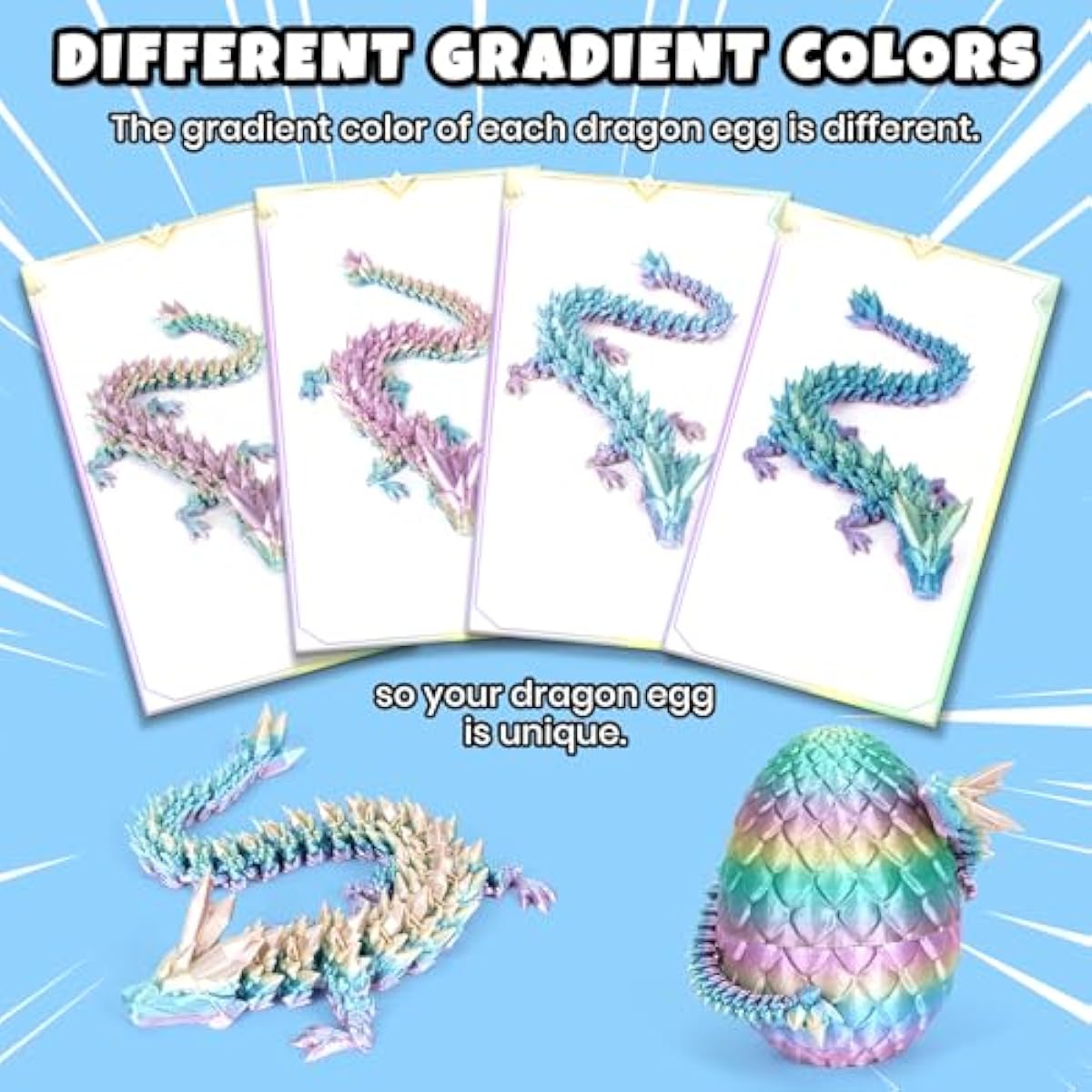 12 inch 3d printed dragon easter egg with fall protection and reinforced joints, eco-friendly fidget toy in rainbow color