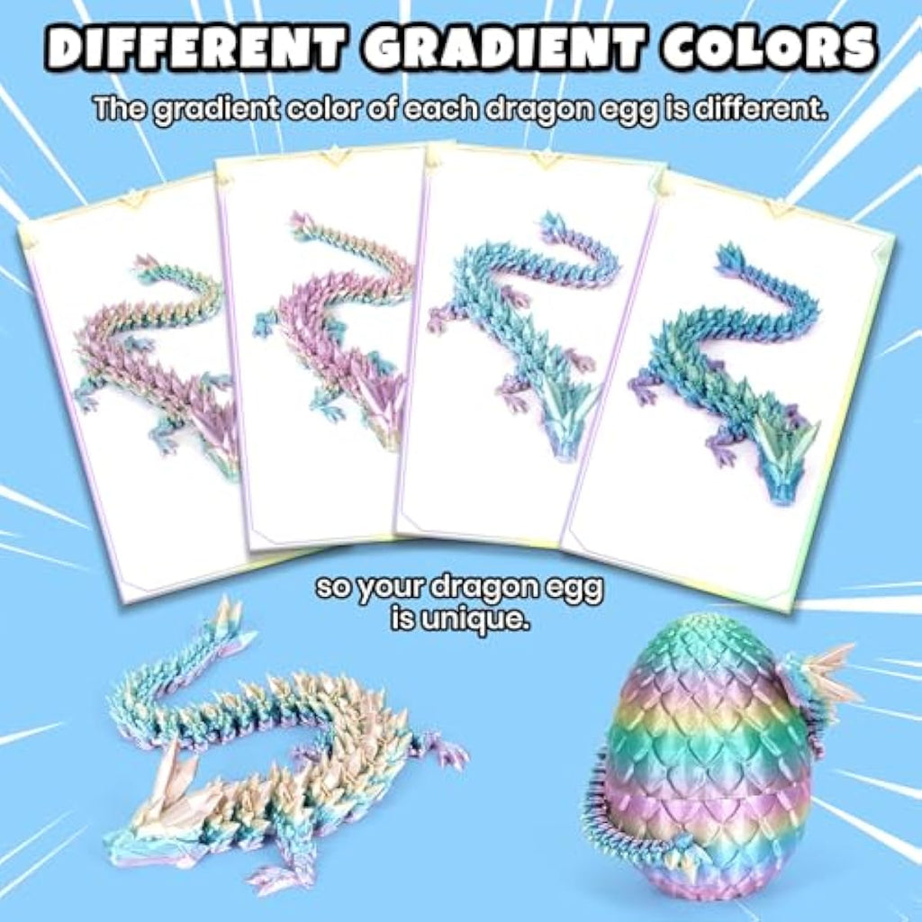 12" 3D Printed Dragon, Upgraded Fall Protection Dragon Egg & Reinforced 3D Dragons Joints, Safe Eco-Friendly Fidget Toy, Ideal for Easter Basket Stuffers, Easter Eggs (Rainbow Color)