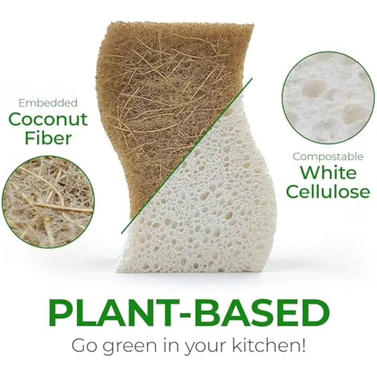 Biodegradable Natural Kitchen Sponge - Compostable Cellulose and Coconut Walnut Scrubber Sponge (12 Pack)