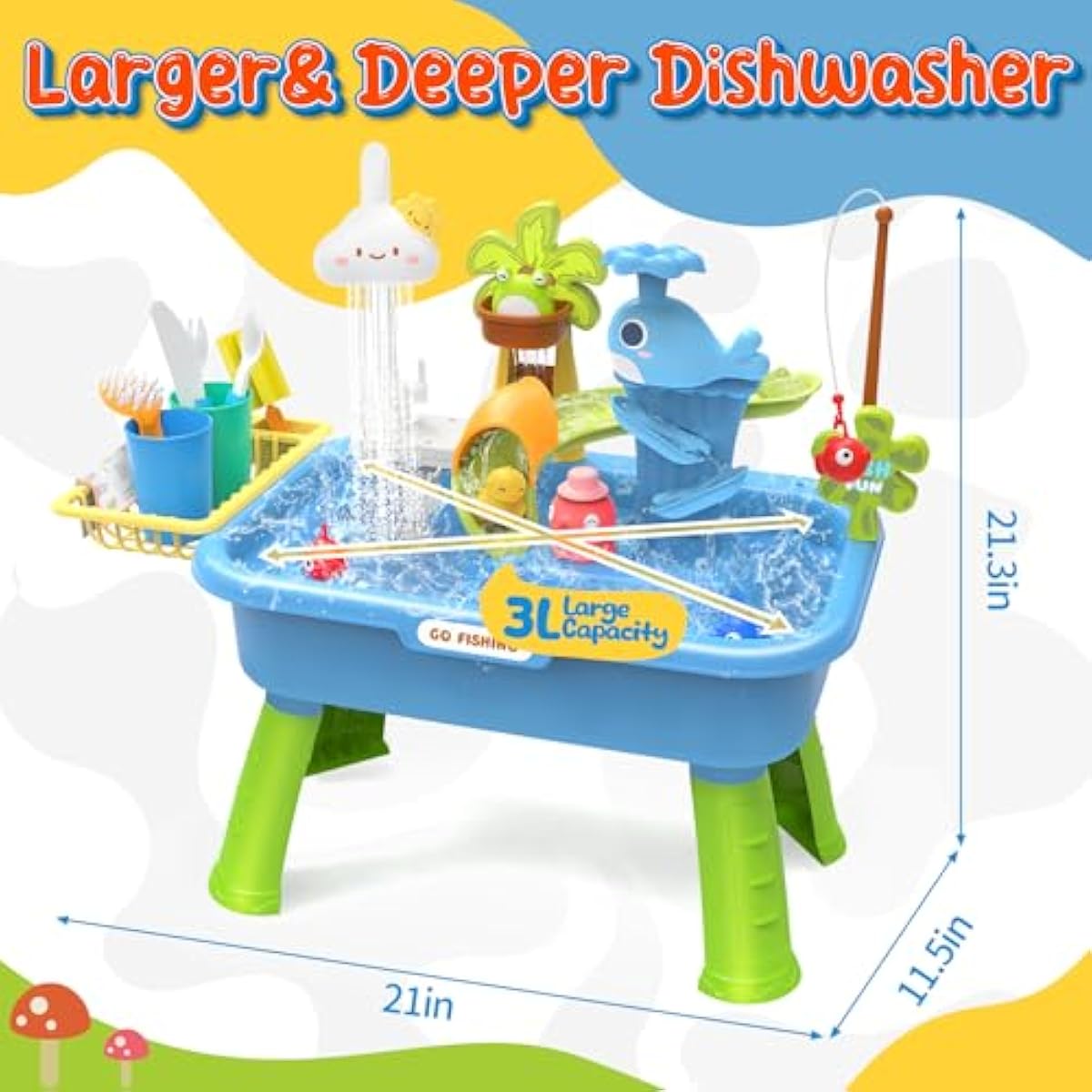 21 Blue Kids Kitchen Sink Toy with Electric Faucet 4-in-1 Play Set with Detachable Legs and Fishing Game