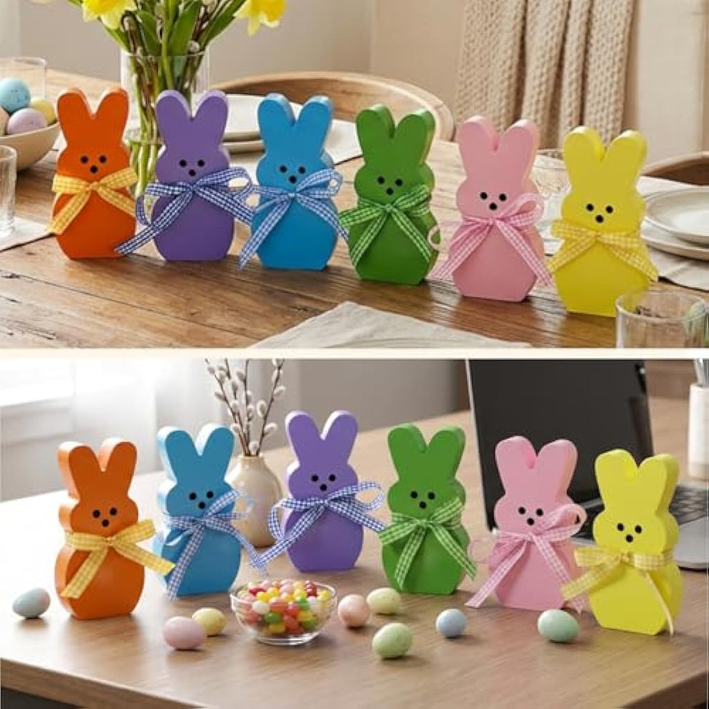 Easter Decorations for Home, 6 Pcs Wooden Bunny Table Decorations Signs with DIY Ribbons, Indoor Spring Easter Decor for Office Bedroom Kitchen Tiered Tray Mantel Shelf, 4.28 Inch