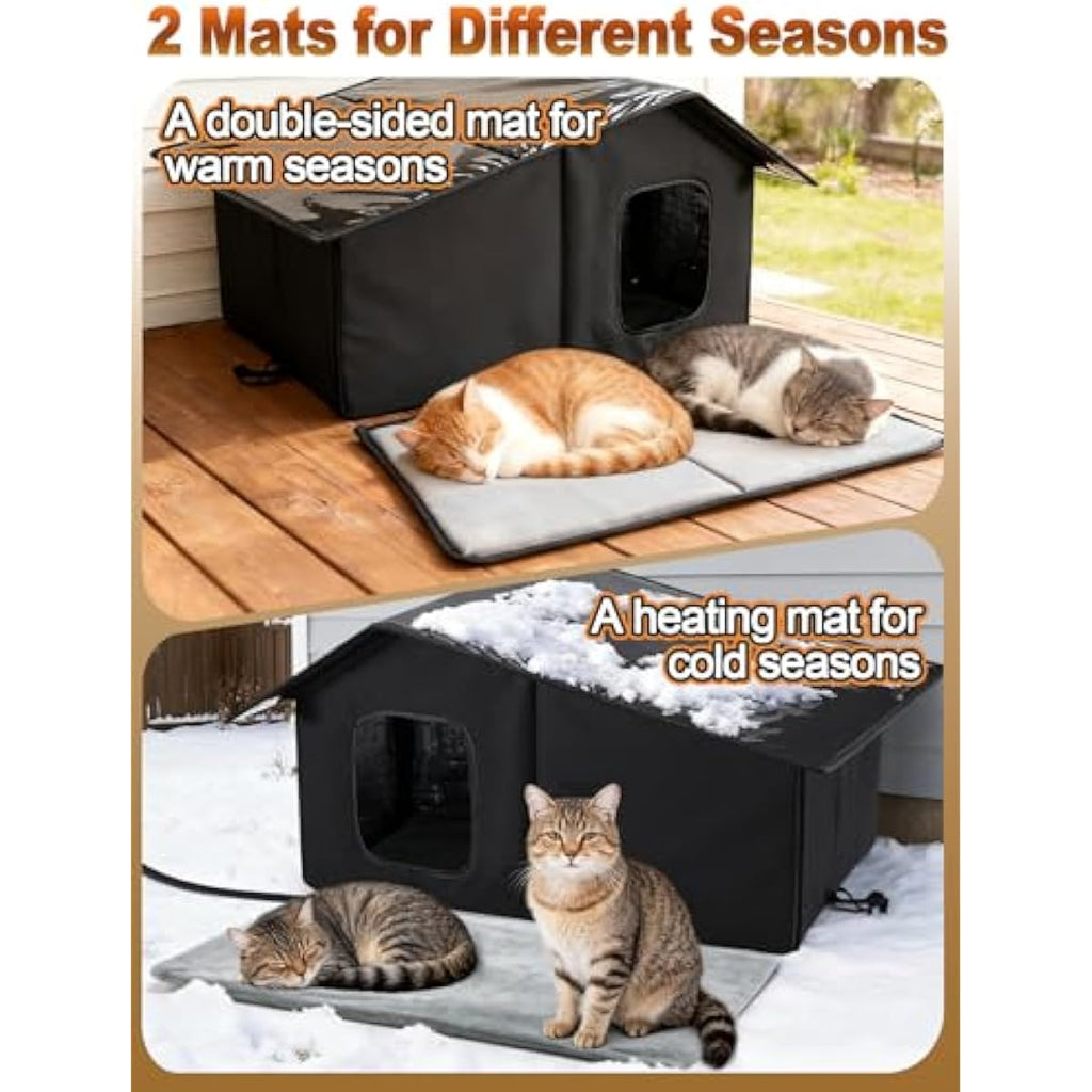 Black weatherproof heated cat house for 2-3 feral cats with thermostatic heating pad and escape door