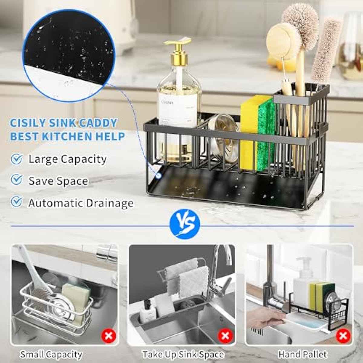 Cisily stainless steel sink caddy with self-drain tray and brush holder for kitchen sink organization